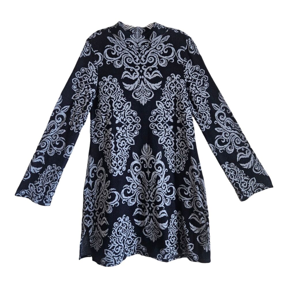 STYLE & CO Women's S Tunic Sweater Black Gray, Medallion Pattern Mock Neck 36"